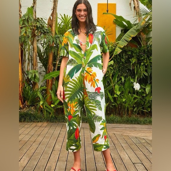 FARM Rio Pants - Farm Rio White/Cocoa Forest Jumpsuit